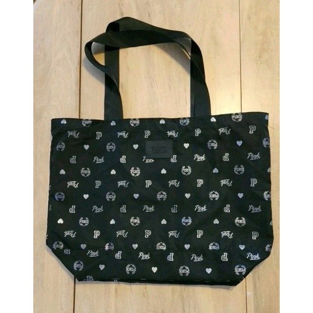 Victoria’s Secret PINK Black Tote Bag Silver Print Fabric Canvas Large
